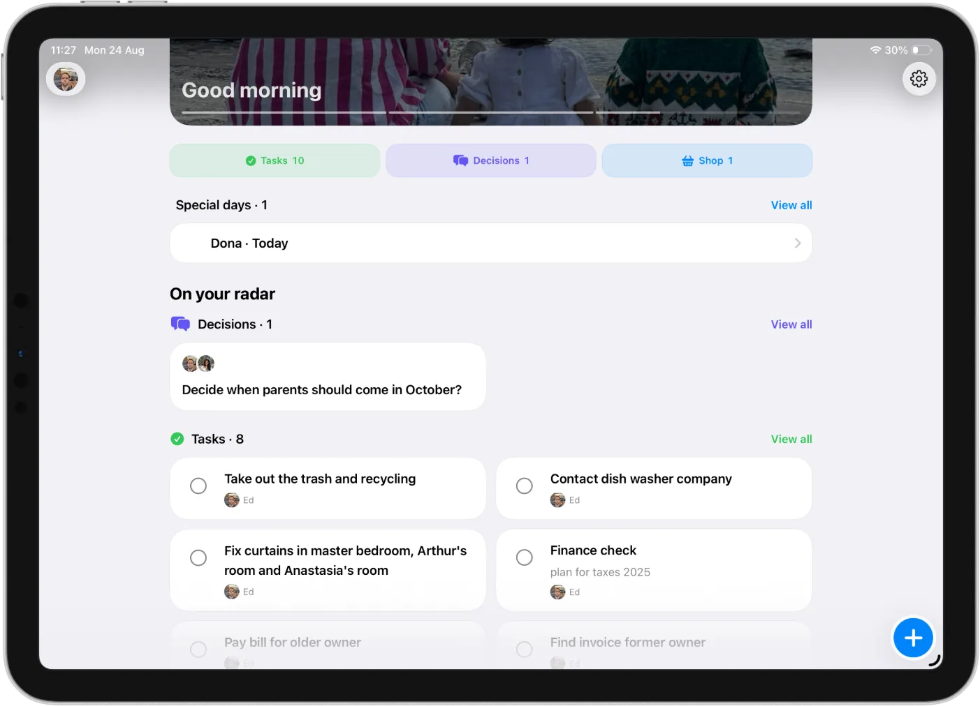 FamHead home screen on an iPad Pro showing shared tasks, decisions, shopping, and special days.