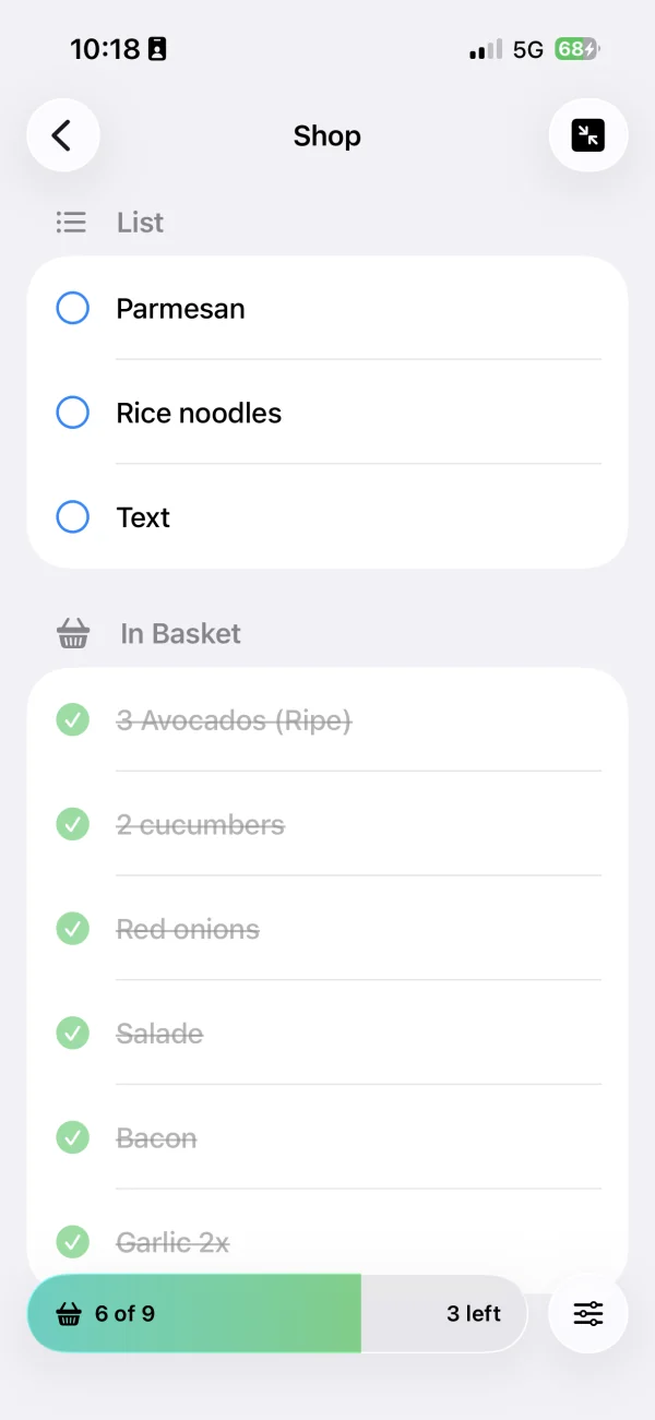 FamHead Shop screen showing a shared shopping list and items already in the basket.