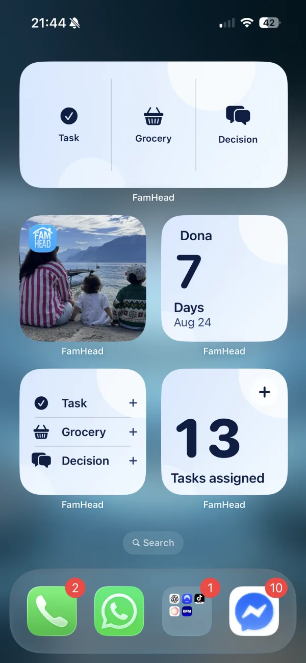FamHead Home Screen widgets for adding a task, grocery item, or household decision from an iPhone.